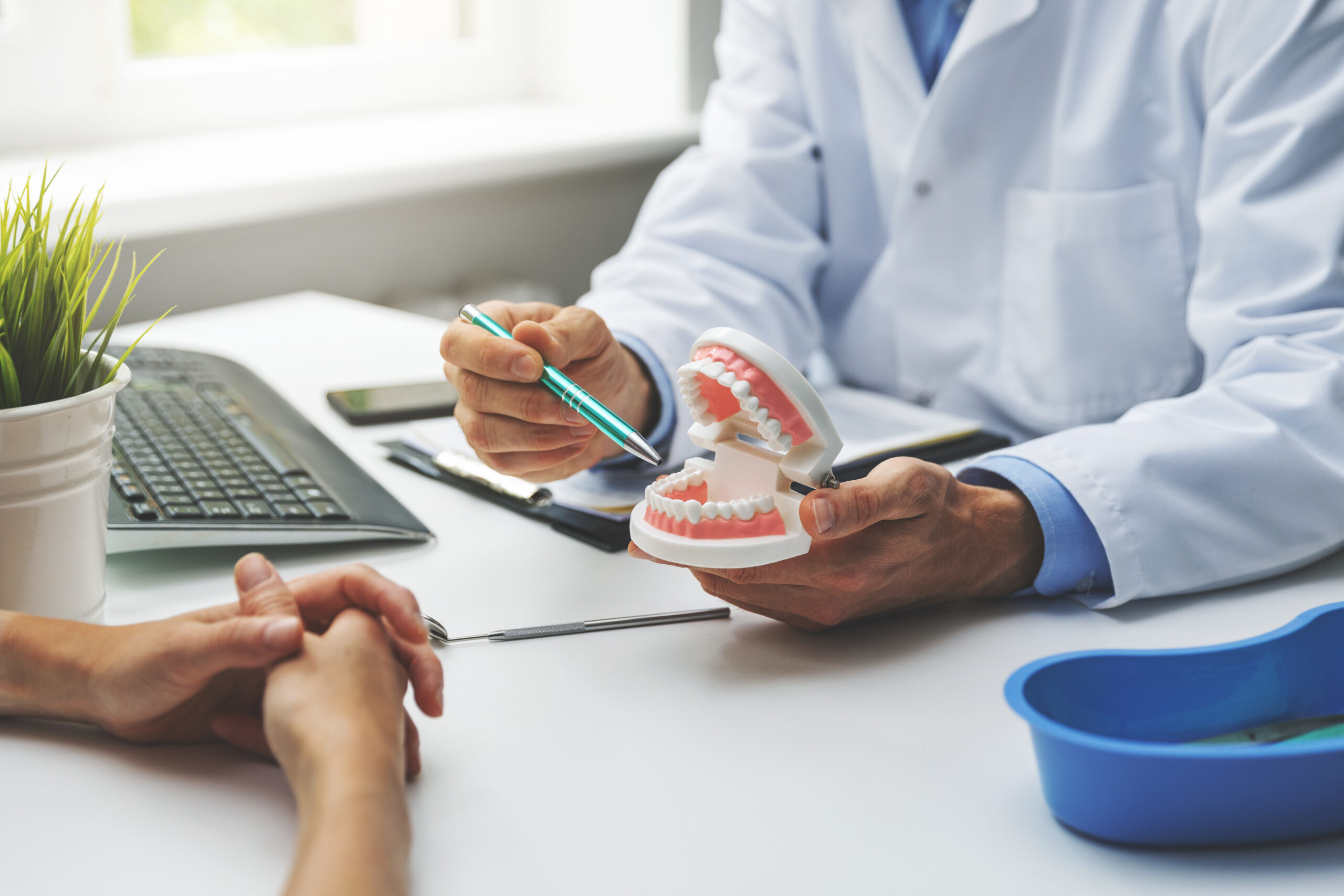 Dentist using a tooth model to explain treatment to a patient during a consultation